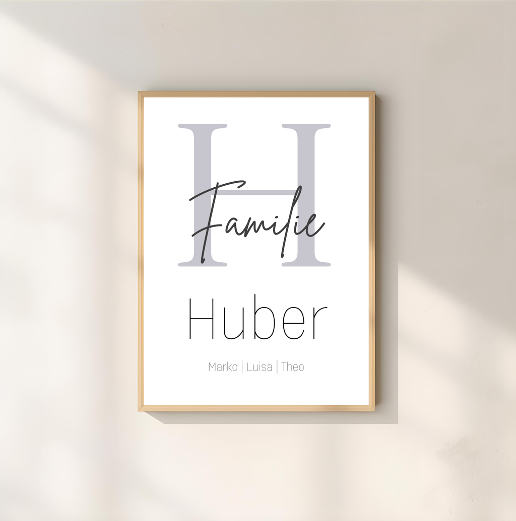Personalisiertes Familienposter mit Familienname und Vornamen der Familie als PDF Datei, ausgedruckt in A4 oder mit Premium Bilderrahmen