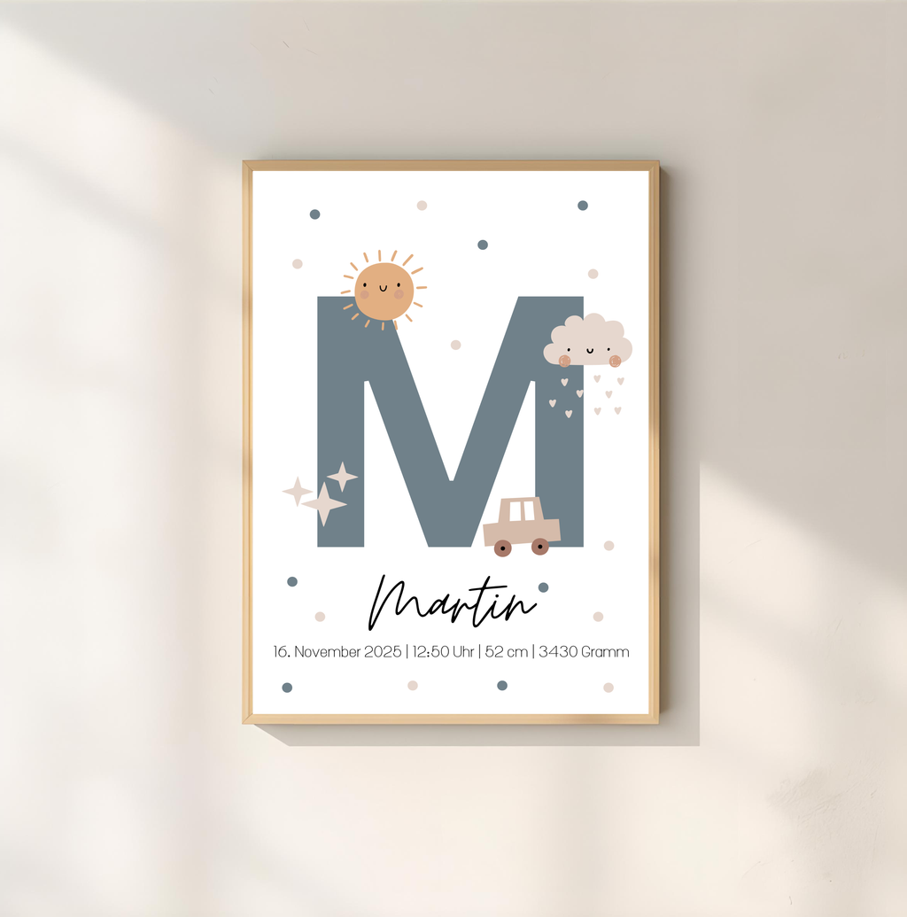 Geburtsposter personalisiert mit Namen, Buchstabe und Geburtsdaten als PDF Datei, ausgedruckt in A4 oder mit Premium Bilderrahmen