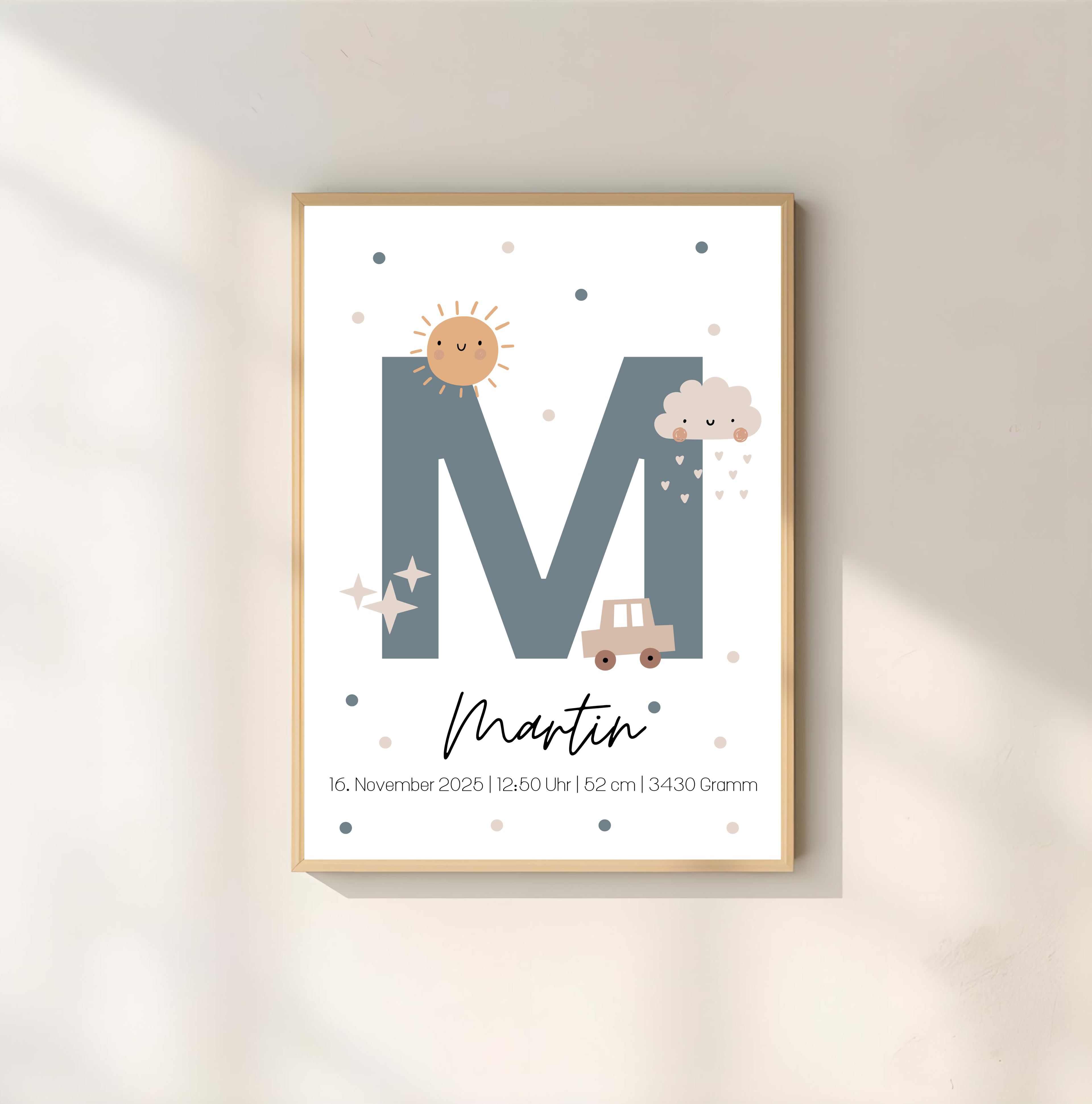 Geburtsposter personalisiert mit Namen, Buchstabe und Geburtsdaten als PDF Datei, ausgedruckt in A4 oder mit Premium Bilderrahmen