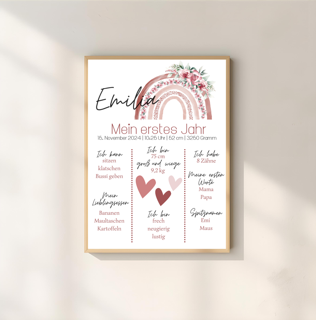 Personalisiertes Meilensteinposter zum ersten Geburtstag mit Regenbogen als PDF Datei, ausgedruckt A4 oder mit Premium Bilderrahmen