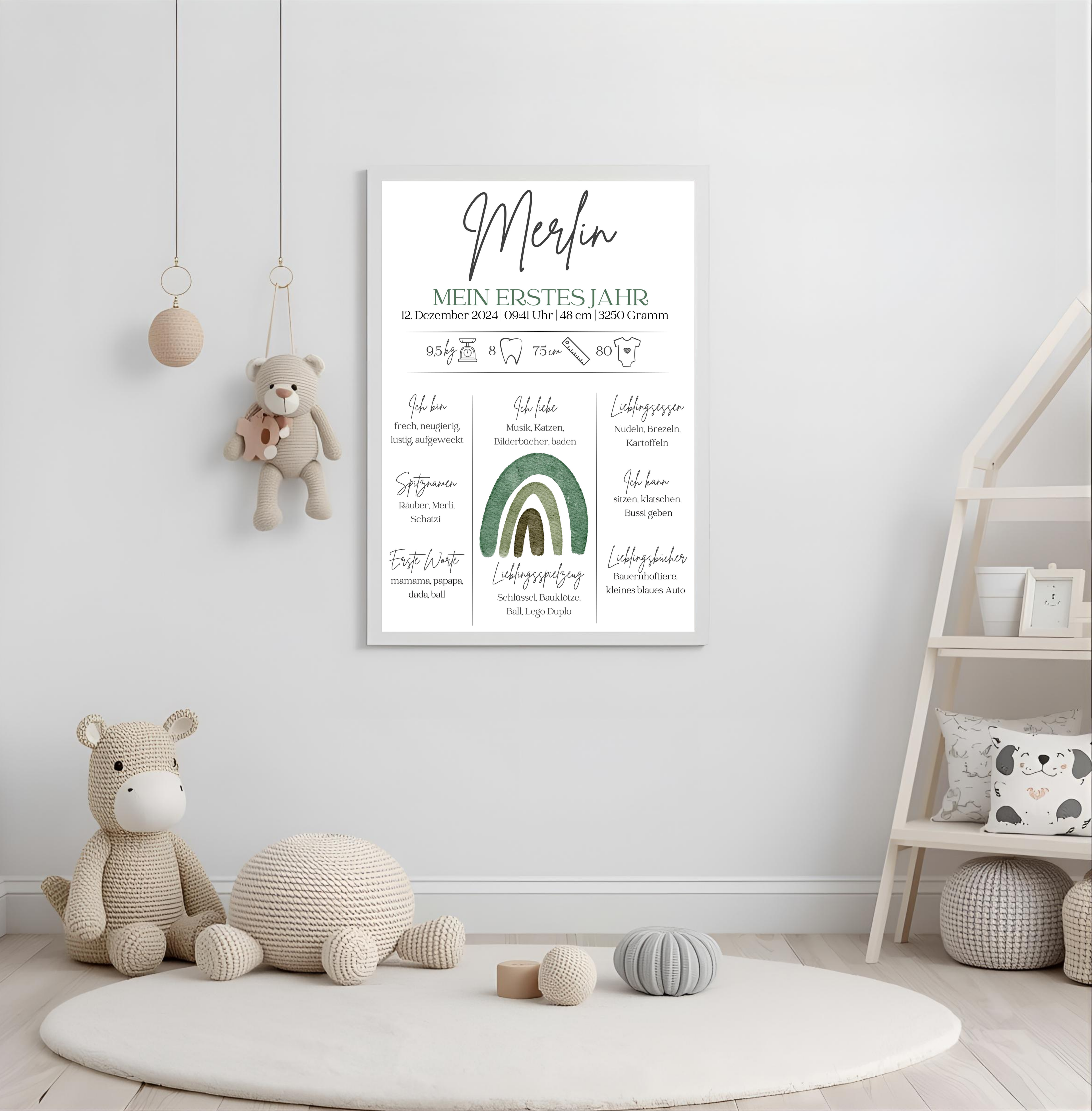 Personalisiertes Meilensteinposter zum ersten Geburtstag mit Regenbogen als PDF Datei, ausgedruckt in A4 oder mit Premium Bilderrahmen