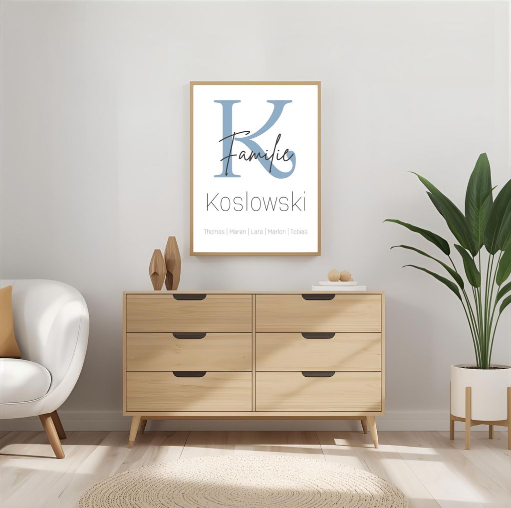 Personalisiertes Familienposter mit Familienname und Vornamen der Familie als PDF Datei, ausgedruckt in A4 oder mit Premium Bilderrahmen