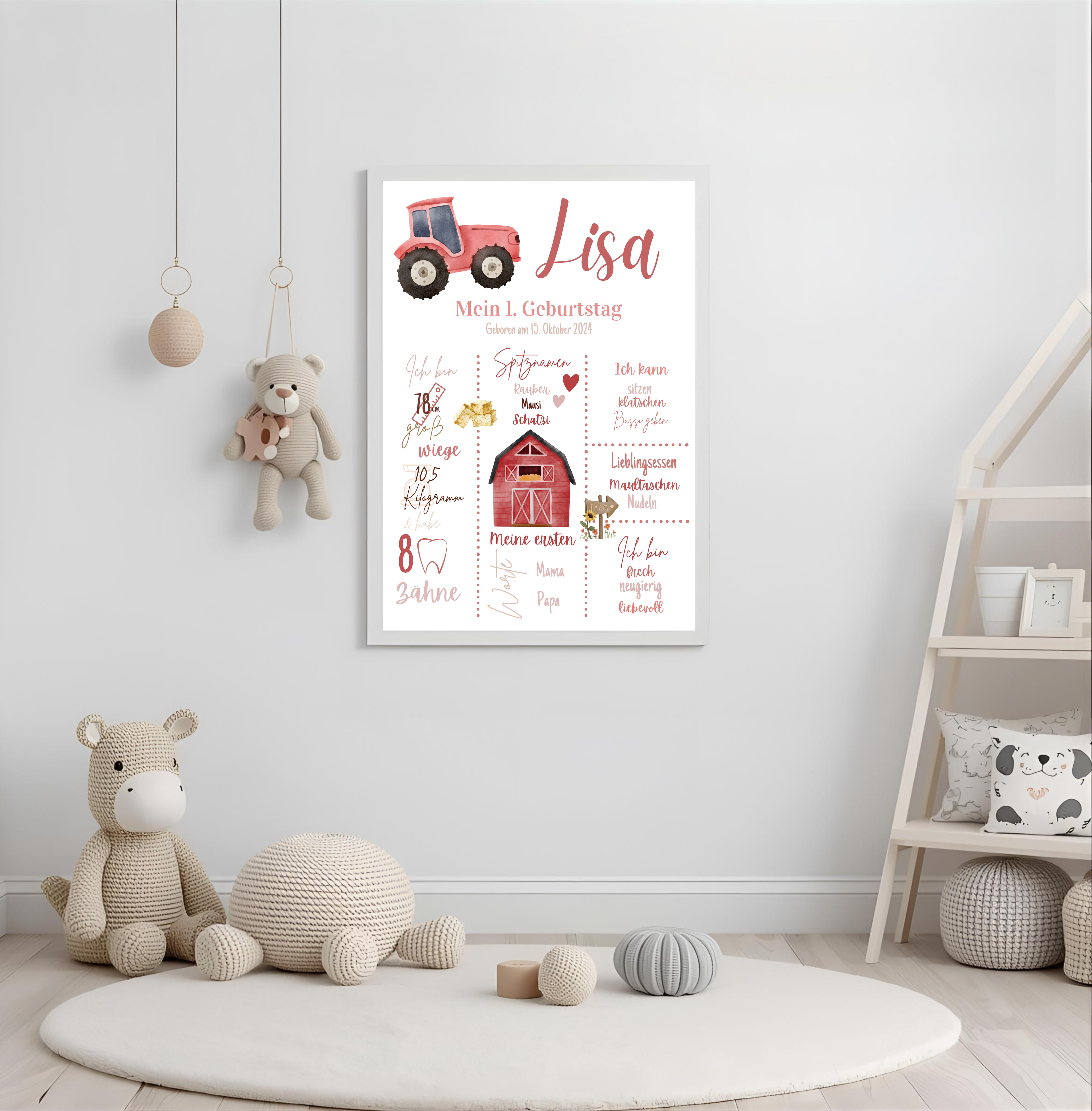 Personalisiertes Meilensteinposter zum ersten Geburtstag Bauernhof als PDF Datei, ausgedruckt in A4 oder mit Premium Bilderrahmen