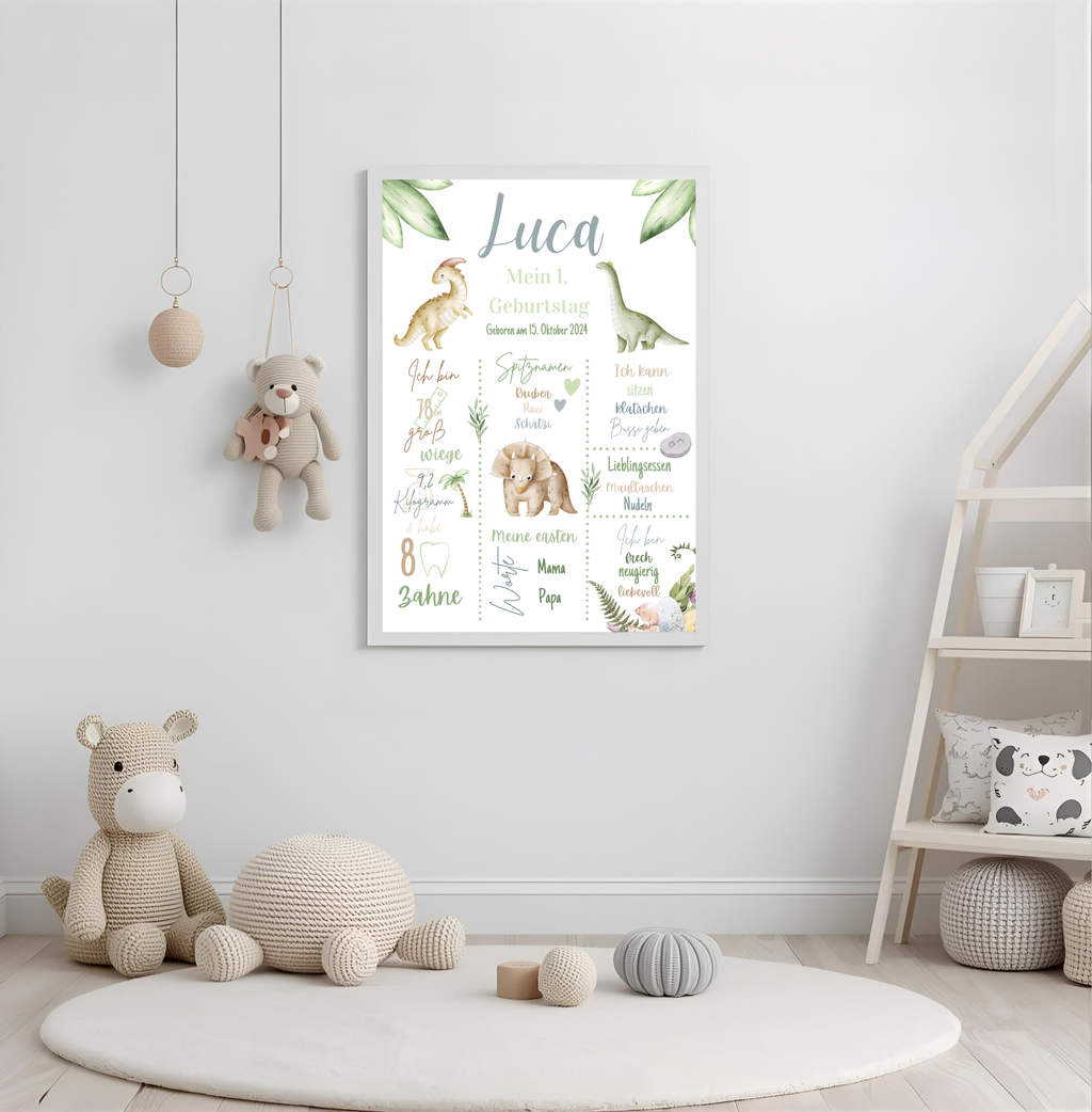 Personalisiertes Meilensteinposter zum ersten Geburtstag mit Dinosaurier als PDF Datei, ausgedruckt in A4 oder mit Premium Bilderrahmen