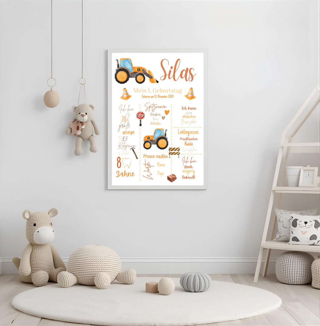 Personalisiertes Meilensteinposter zum ersten Geburtstag Baustelle Traktor als PDF Datei, ausgedruckt in A4 oder mit Premium Bilderrahmen