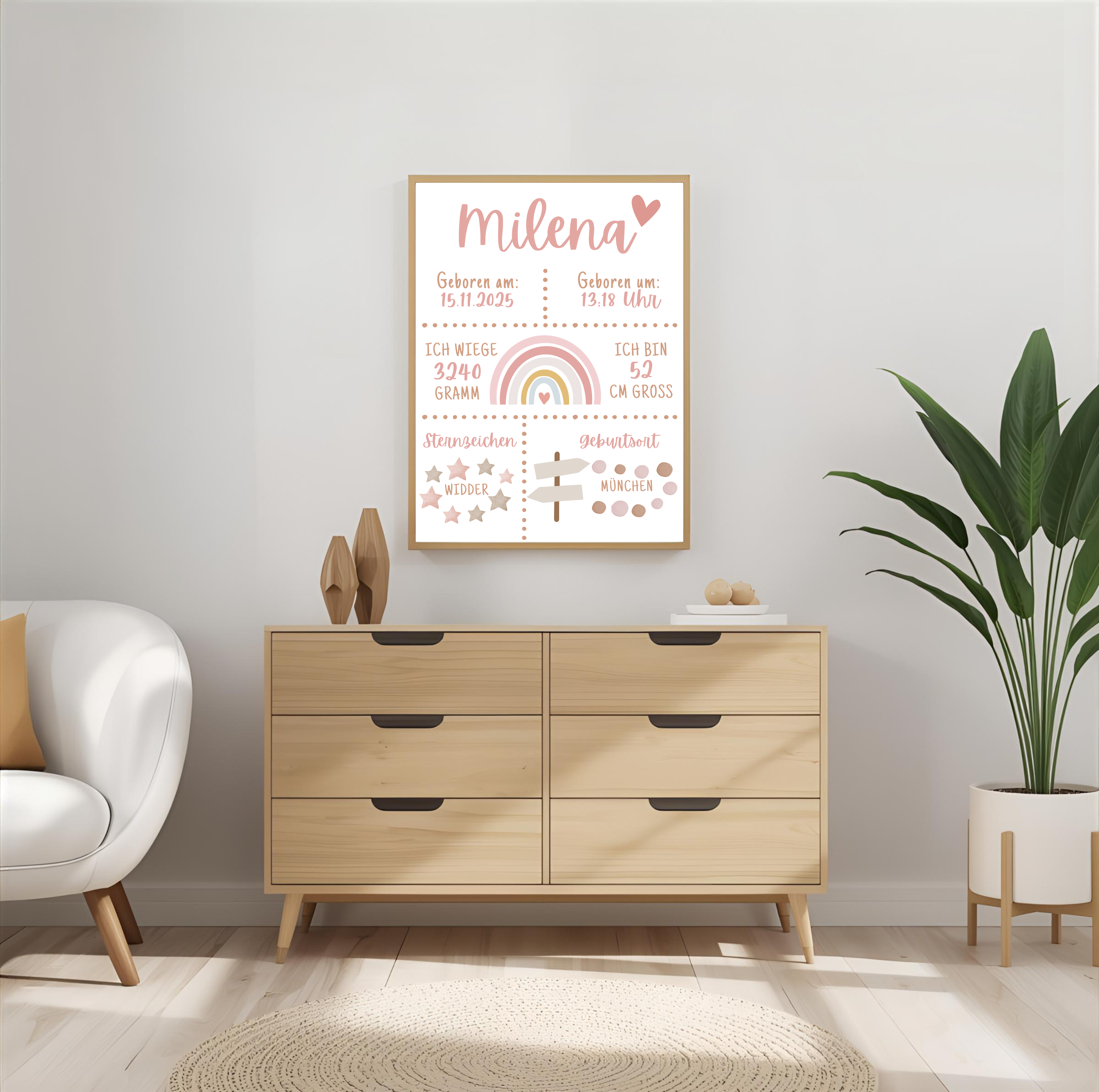 Personalisiertes Poster zur Geburt mit Geburtsdaten und Regenbogen als PDF Datei, ausgedruckt in A4 oder mit Premium Bilderrahmen