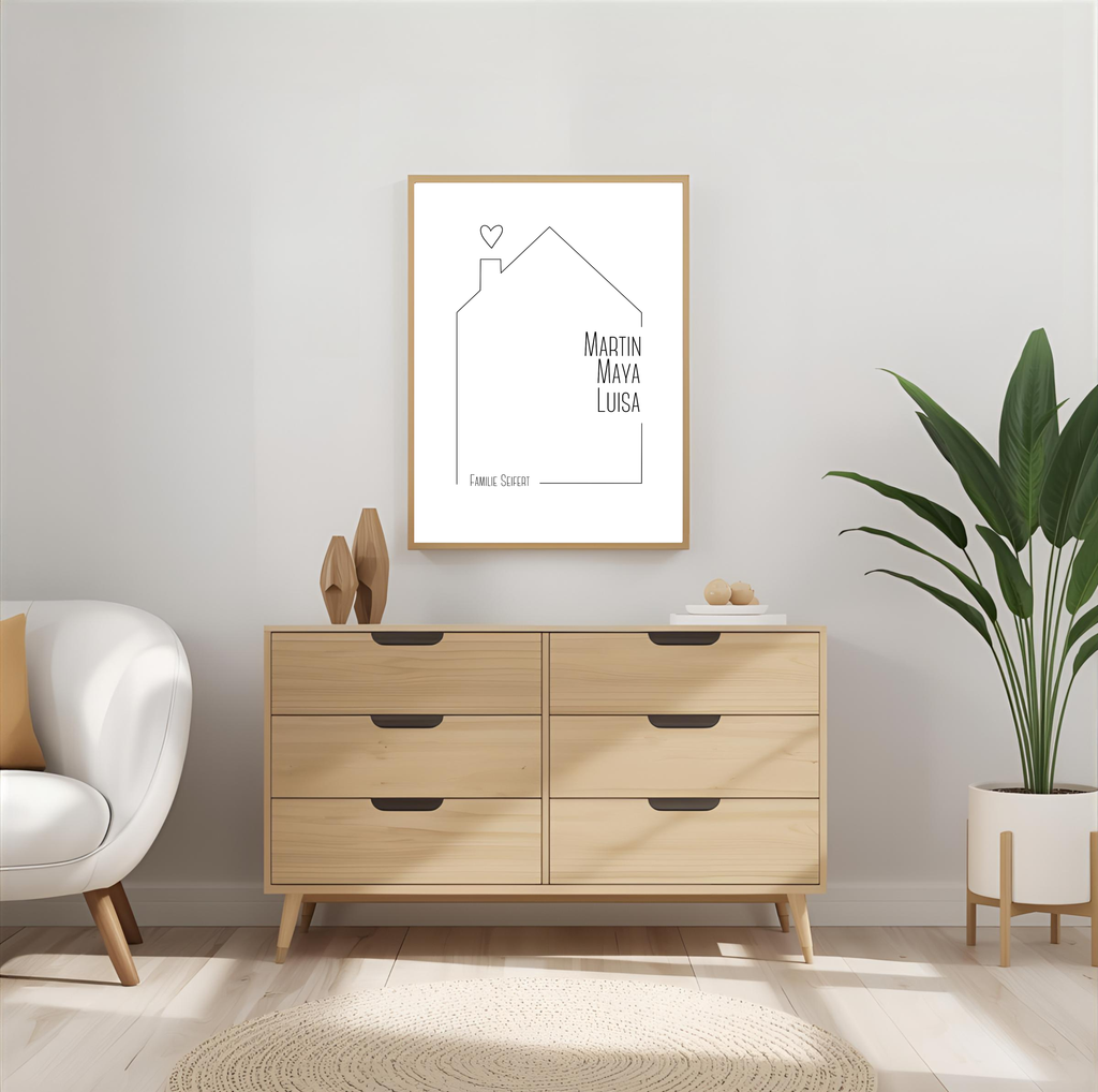 Personalisiertes Familienposter mit Namen & Haus als PDF Datei, ausgedruckt A4 oder mit Premium Bilderrahmen