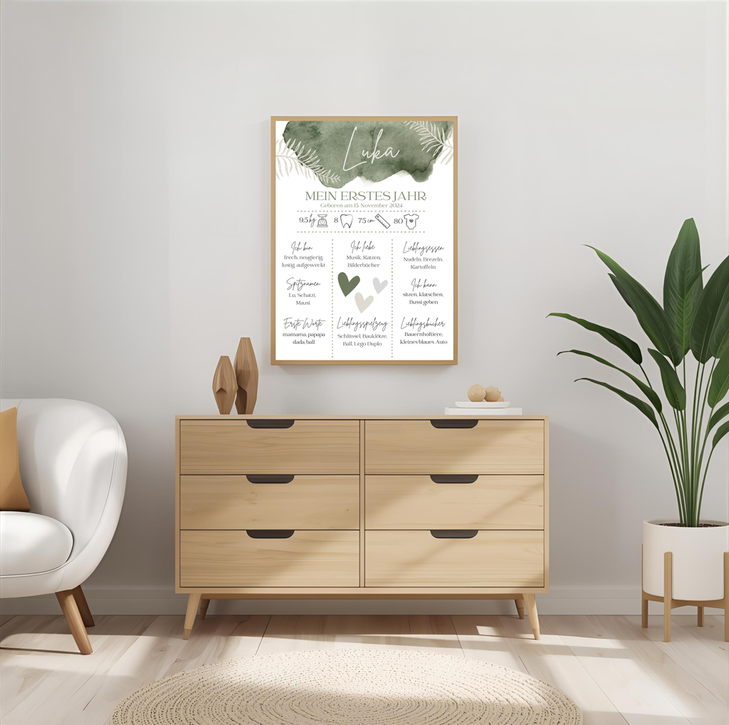 Personalisiertes Meilensteinposter zum ersten Geburtstag als PDF Datei, ausgedruckt in A4 oder mit Premium Bilderrahmen