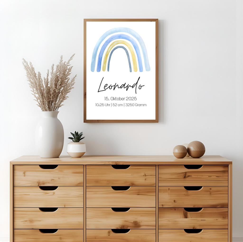 Geburtsposter personalisiert mit Namen und Geburtsdaten als PDF Datei, ausgedruckt in A4 oder mit Premium Bilderrahmen