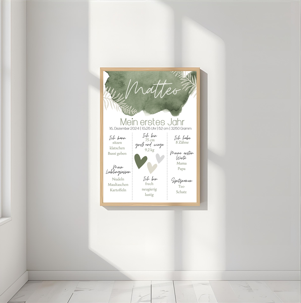 Personalisiertes Meilensteinposter zum ersten Geburtstag als PDF Datei, ausgedruckt in A4 oder mit Premium Bilderrahmen (Kopie)