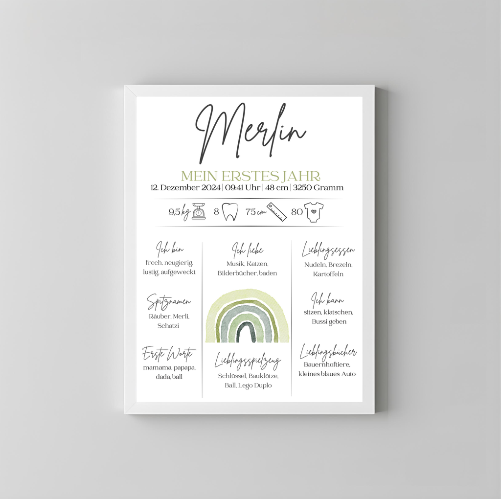 Personalisiertes Meilensteinposter zum ersten Geburtstag mit Regenbogen als PDF Datei, ausgedruckt in A4 oder mit Premium Bilderrahmen