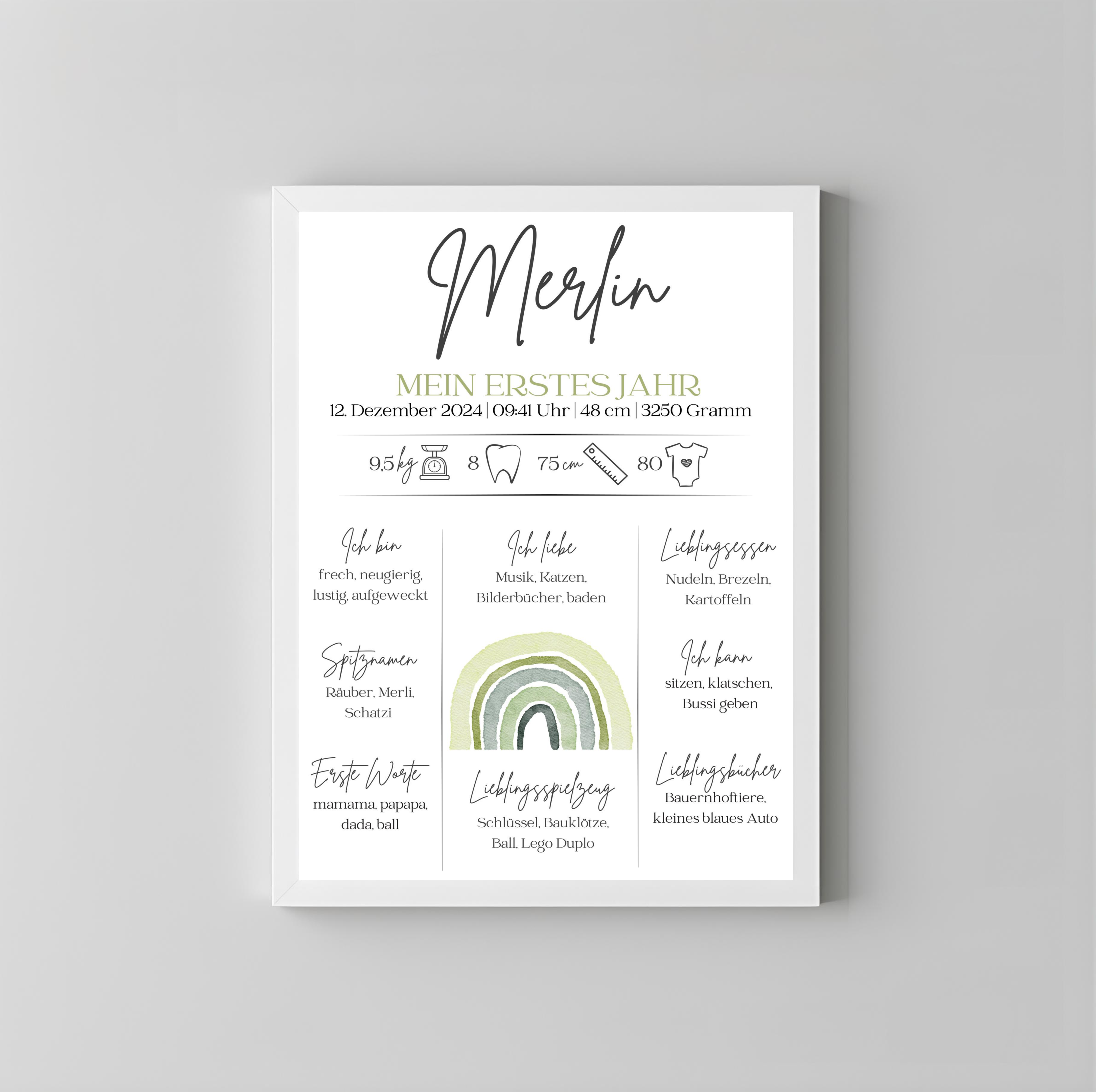 Personalisiertes Meilensteinposter zum ersten Geburtstag mit Regenbogen als PDF Datei, ausgedruckt in A4 oder mit Premium Bilderrahmen