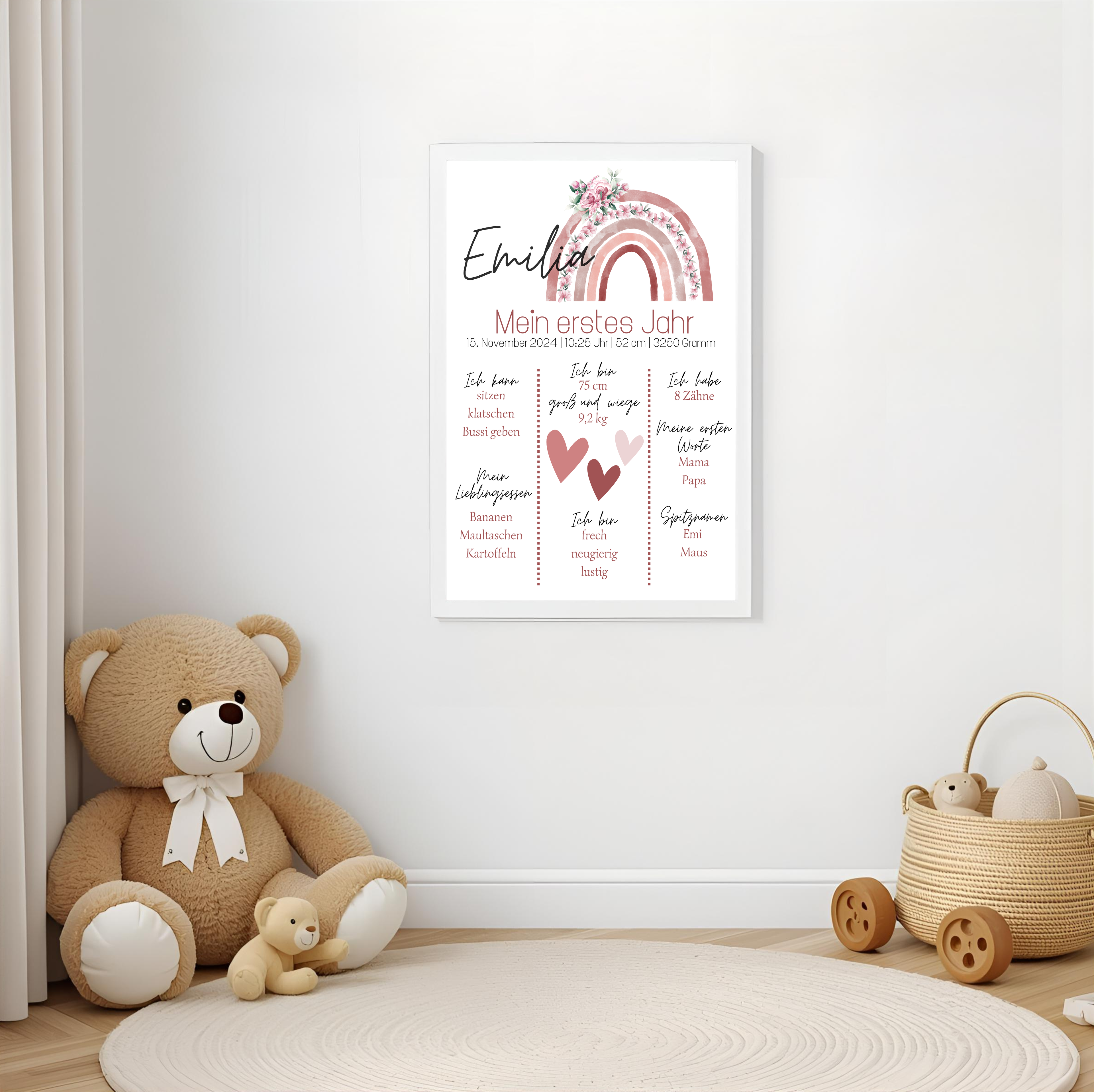 Personalisiertes Meilensteinposter zum ersten Geburtstag mit Regenbogen als PDF Datei, ausgedruckt A4 oder mit Premium Bilderrahmen