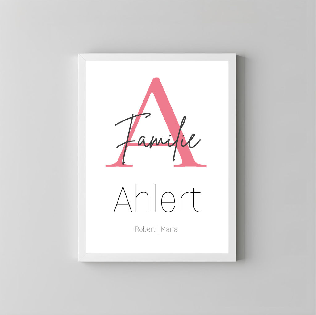 Personalisiertes Familienposter mit Familienname und Vornamen der Familie als PDF Datei, ausgedruckt in A4 oder mit Premium Bilderrahmen