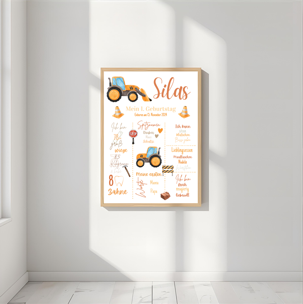 Personalisiertes Meilensteinposter zum ersten Geburtstag Baustelle Traktor als PDF Datei, ausgedruckt in A4 oder mit Premium Bilderrahmen