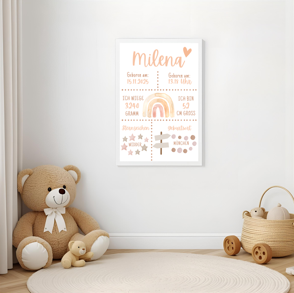 Personalisiertes Poster zur Geburt mit Geburtsdaten und Regenbogen als PDF Datei, ausgedruckt in A4 oder mit Premium Bilderrahmen