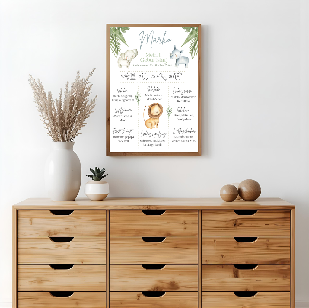 Personalisiertes Meilensteinposter zum ersten Geburtstag mit Safari Tiere als PDF Datei, ausgedruckt A4 oder mit Premium Bilderrahmen