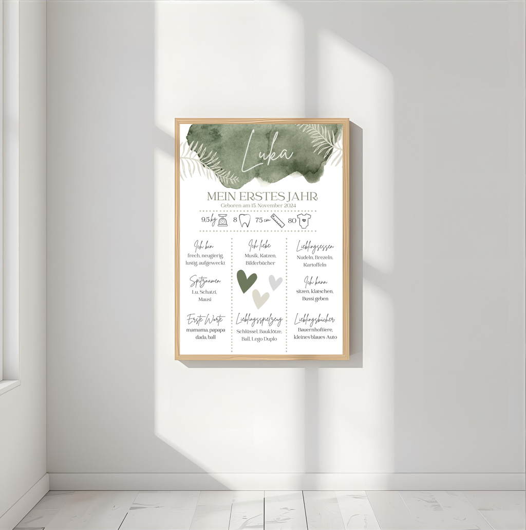 Personalisiertes Meilensteinposter zum ersten Geburtstag als PDF Datei, ausgedruckt in A4 oder mit Premium Bilderrahmen