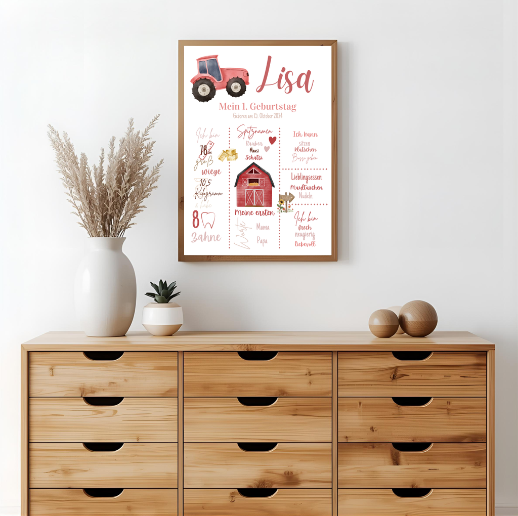 Personalisiertes Meilensteinposter zum ersten Geburtstag Bauernhof als PDF Datei, ausgedruckt in A4 oder mit Premium Bilderrahmen