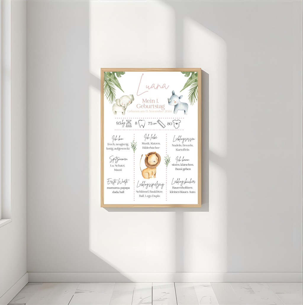 Personalisiertes Meilensteinposter zum ersten Geburtstag mit Safari Tiere als PDF Datei, ausgedruckt A4 oder mit Premium Bilderrahmen