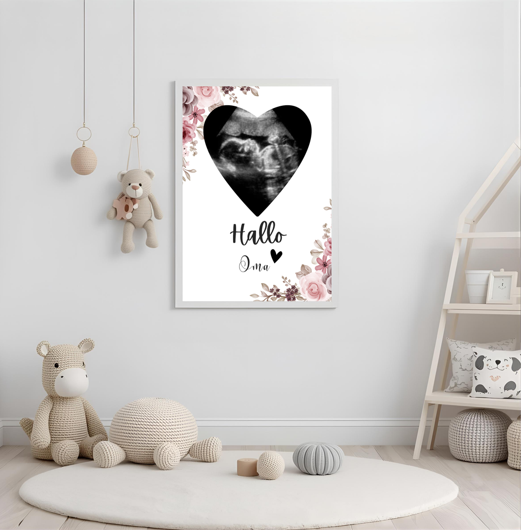Poster Ultraschallbild personalisiert "Hallo Oma & Opa" | Schwangerschaft verkünden als PDF Datei, ausgedruckt in A4 oder mit Premium Bilderrahmen
