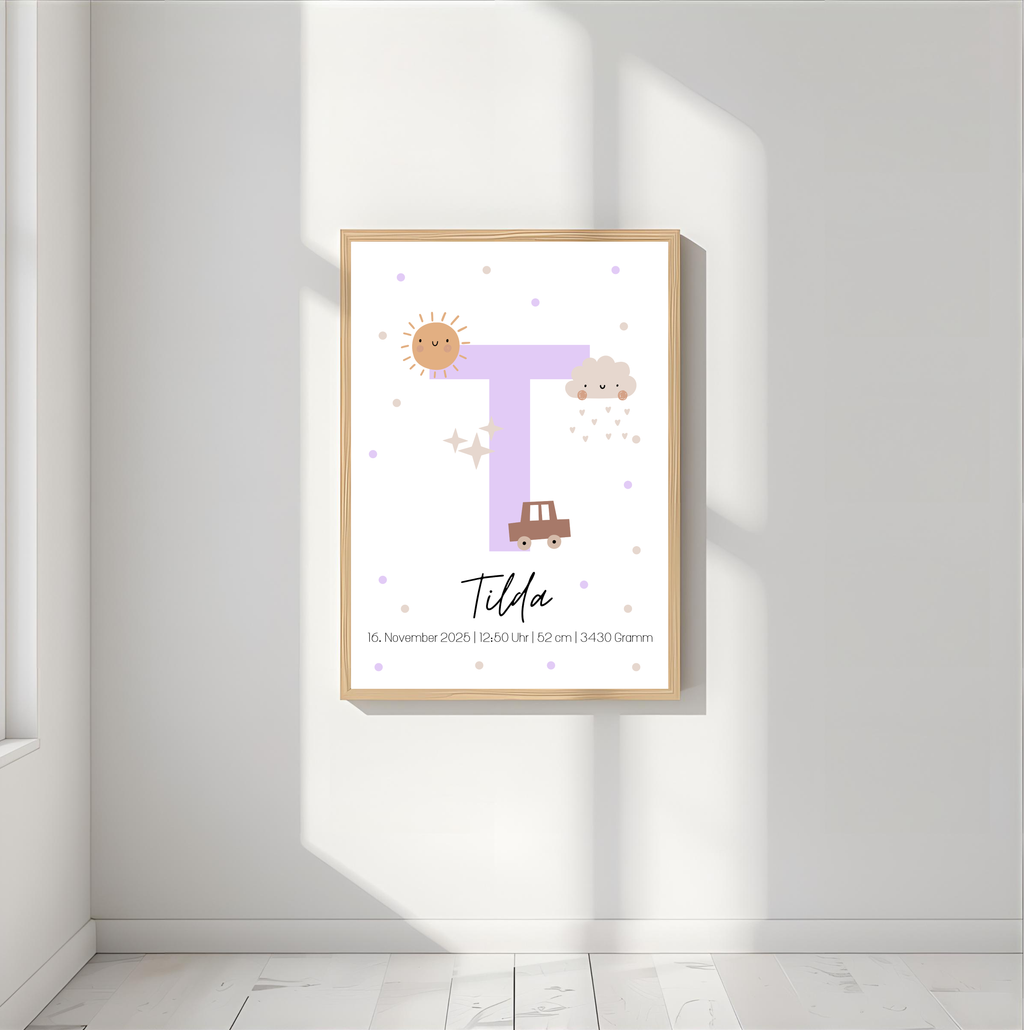 Geburtsposter personalisiert mit Namen, Buchstabe und Geburtsdaten als PDF Datei, ausgedruckt in A4 oder mit Premium Bilderrahmen