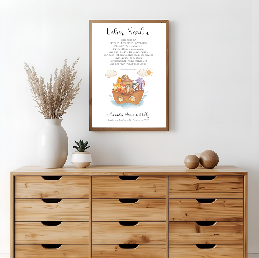 Personalisiertes Poster zur Taufe | Taufgeschenk Arche Noah als PDF Datei, ausgedruckt in A4 oder mit Premium Bilderrahmen
