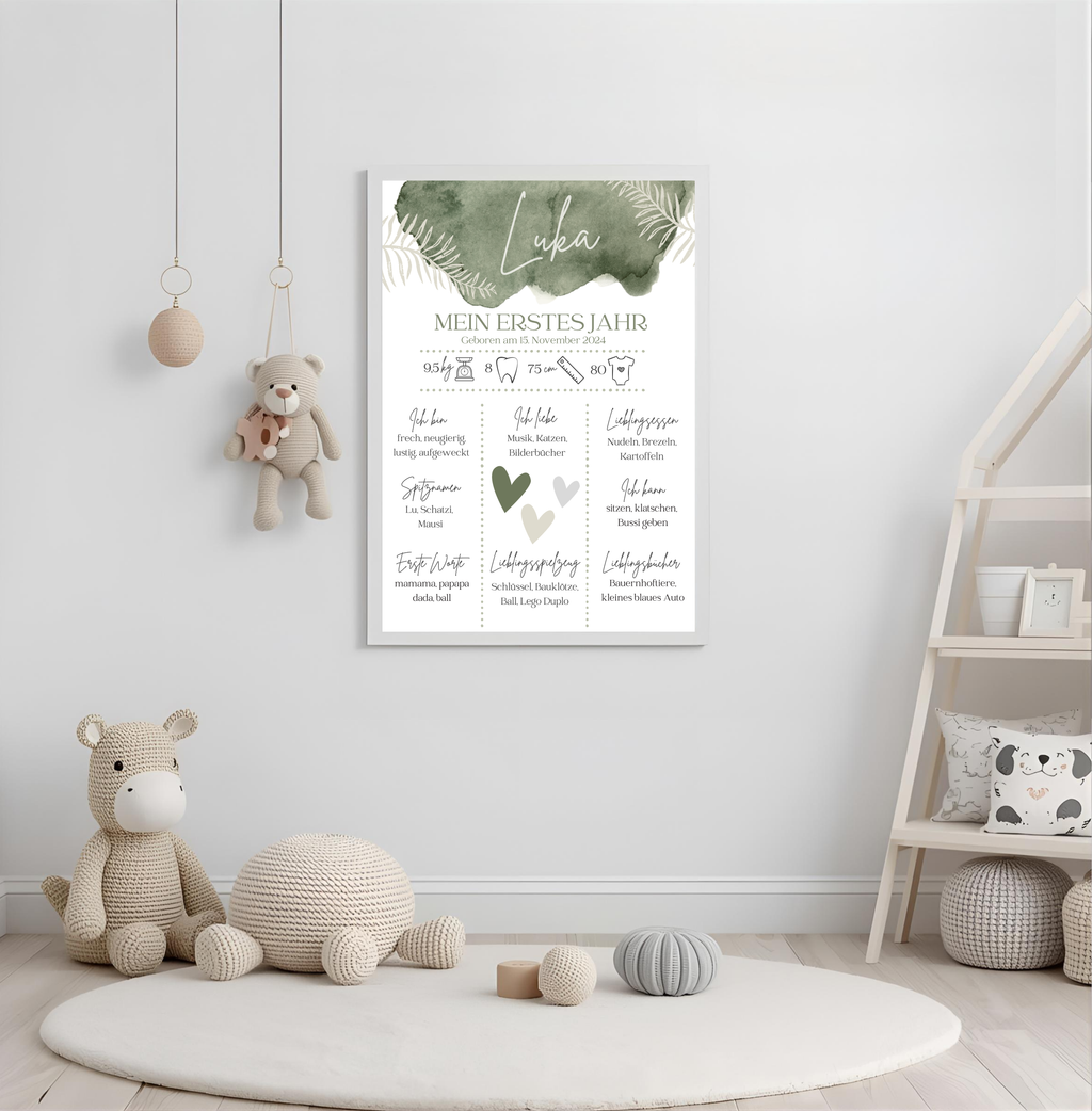 Personalisiertes Meilensteinposter zum ersten Geburtstag als PDF Datei, ausgedruckt in A4 oder mit Premium Bilderrahmen
