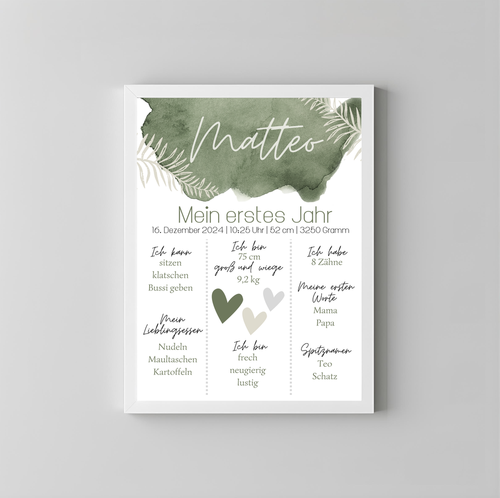 Personalisiertes Meilensteinposter zum ersten Geburtstag als PDF Datei, ausgedruckt in A4 oder mit Premium Bilderrahmen (Kopie)