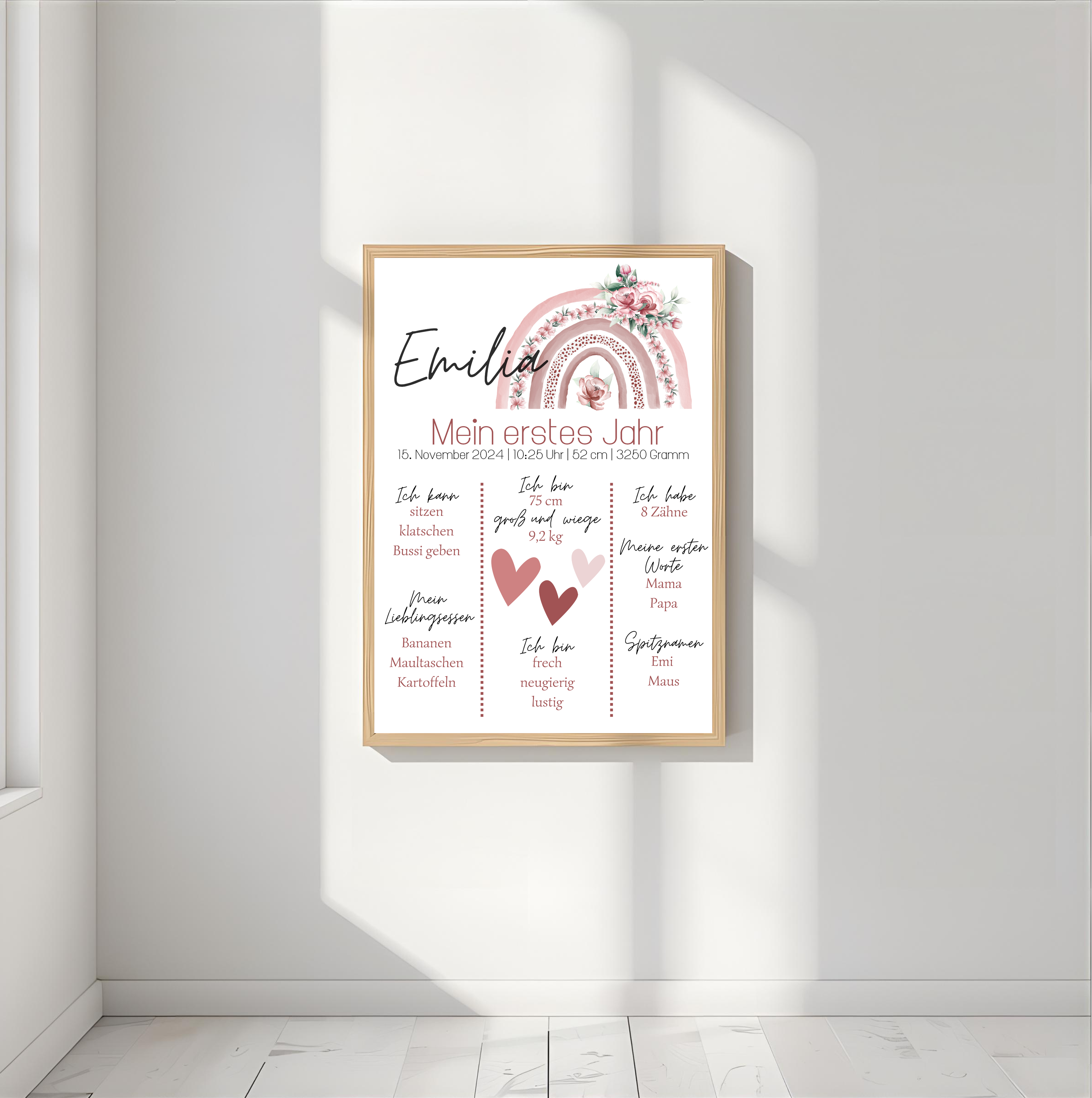 Personalisiertes Meilensteinposter zum ersten Geburtstag mit Regenbogen als PDF Datei, ausgedruckt A4 oder mit Premium Bilderrahmen