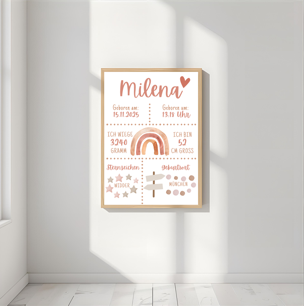 Personalisiertes Poster zur Geburt mit Geburtsdaten und Regenbogen als PDF Datei, ausgedruckt in A4 oder mit Premium Bilderrahmen