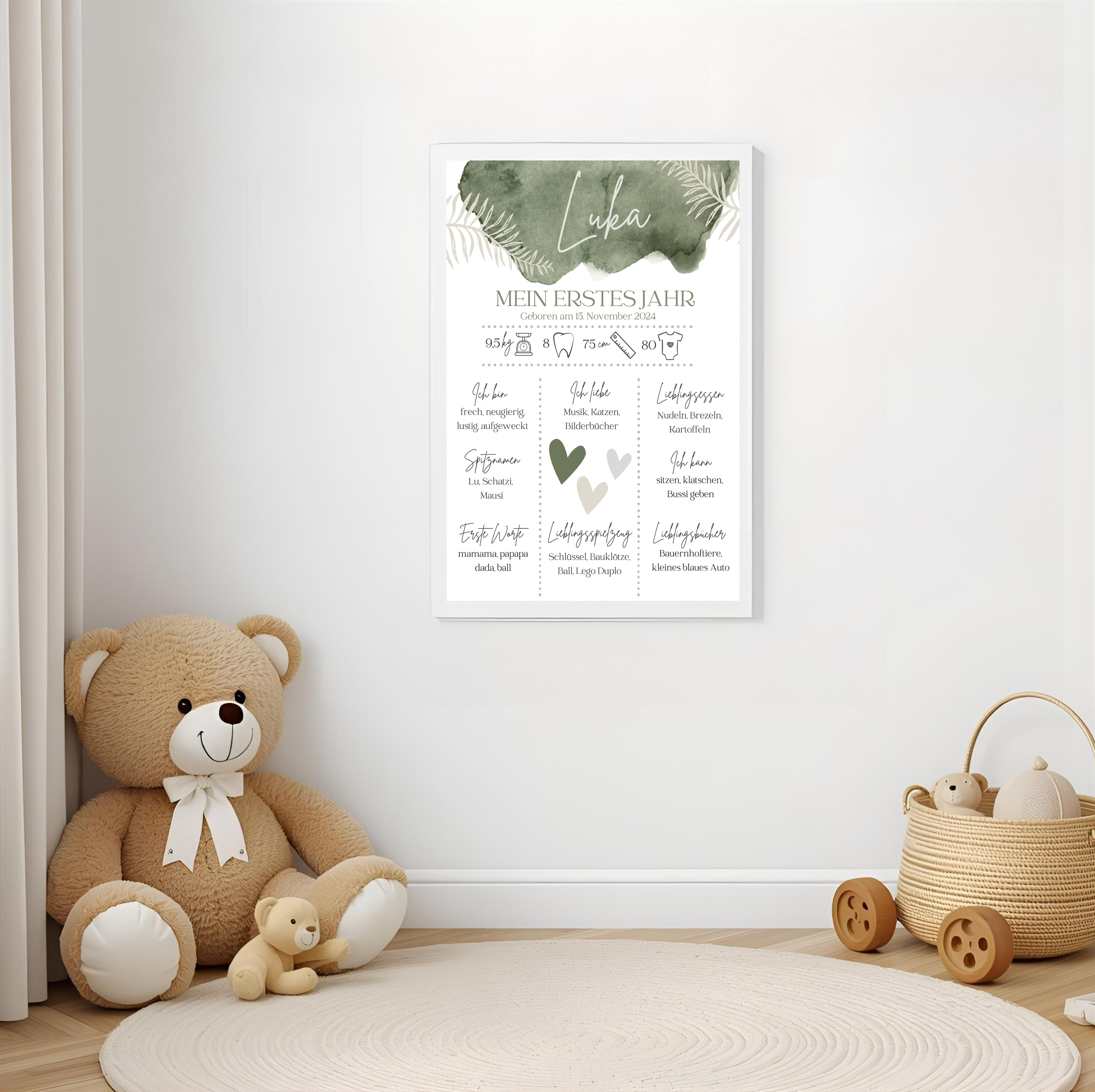 Personalisiertes Meilensteinposter zum ersten Geburtstag als PDF Datei, ausgedruckt in A4 oder mit Premium Bilderrahmen