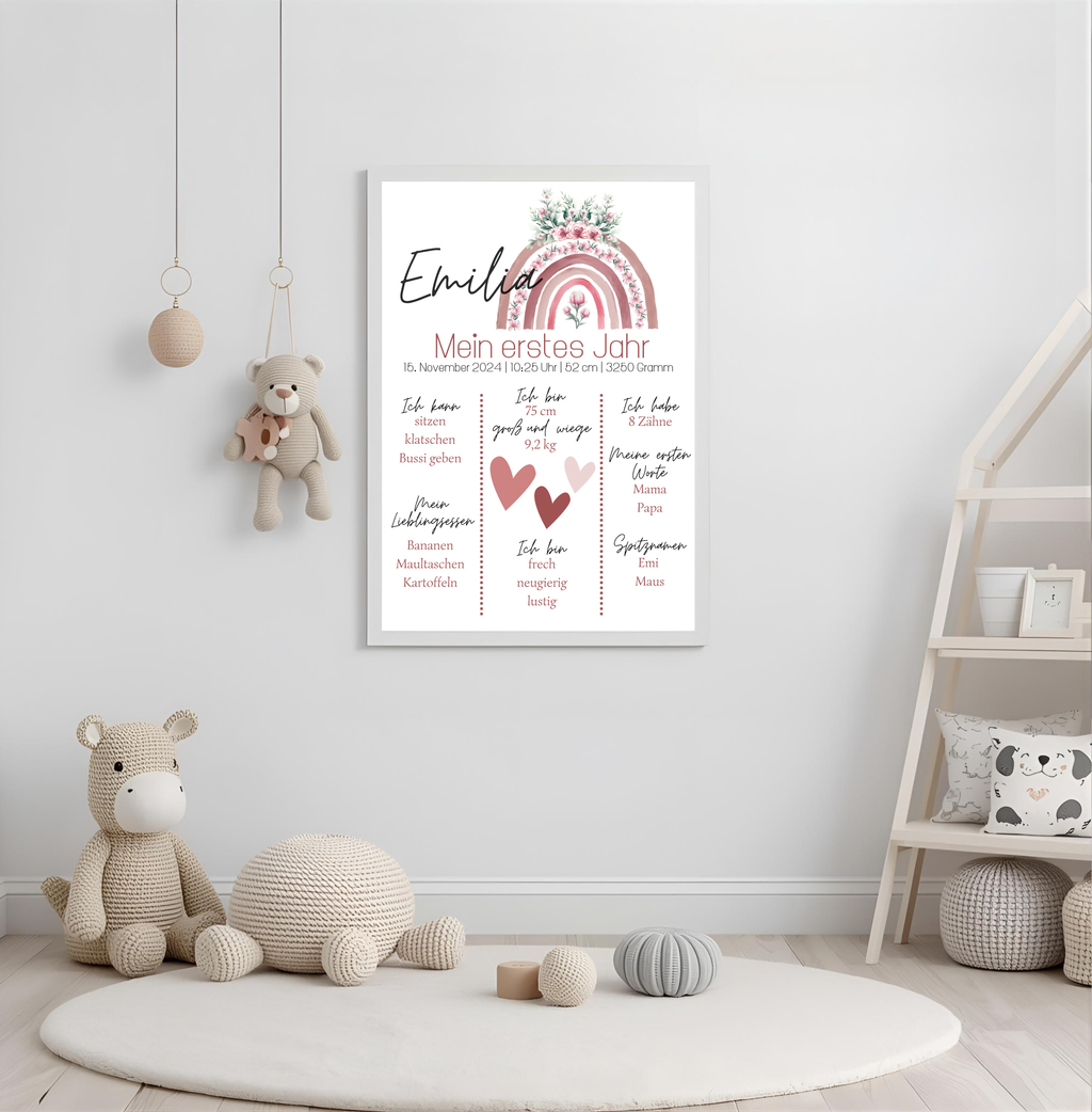 Personalisiertes Meilensteinposter zum ersten Geburtstag mit Regenbogen als PDF Datei, ausgedruckt A4 oder mit Premium Bilderrahmen