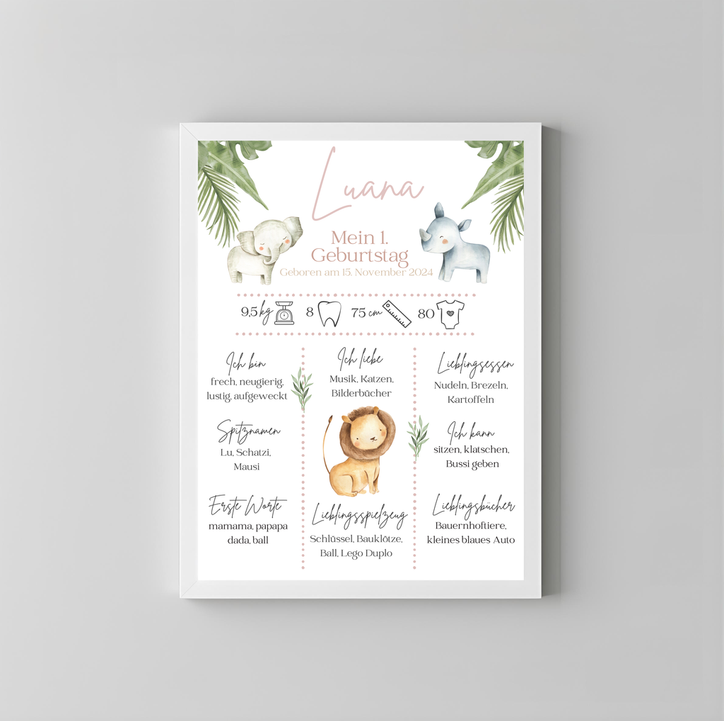 Personalisiertes Meilensteinposter zum ersten Geburtstag mit Safari Tiere als PDF Datei, ausgedruckt A4 oder mit Premium Bilderrahmen