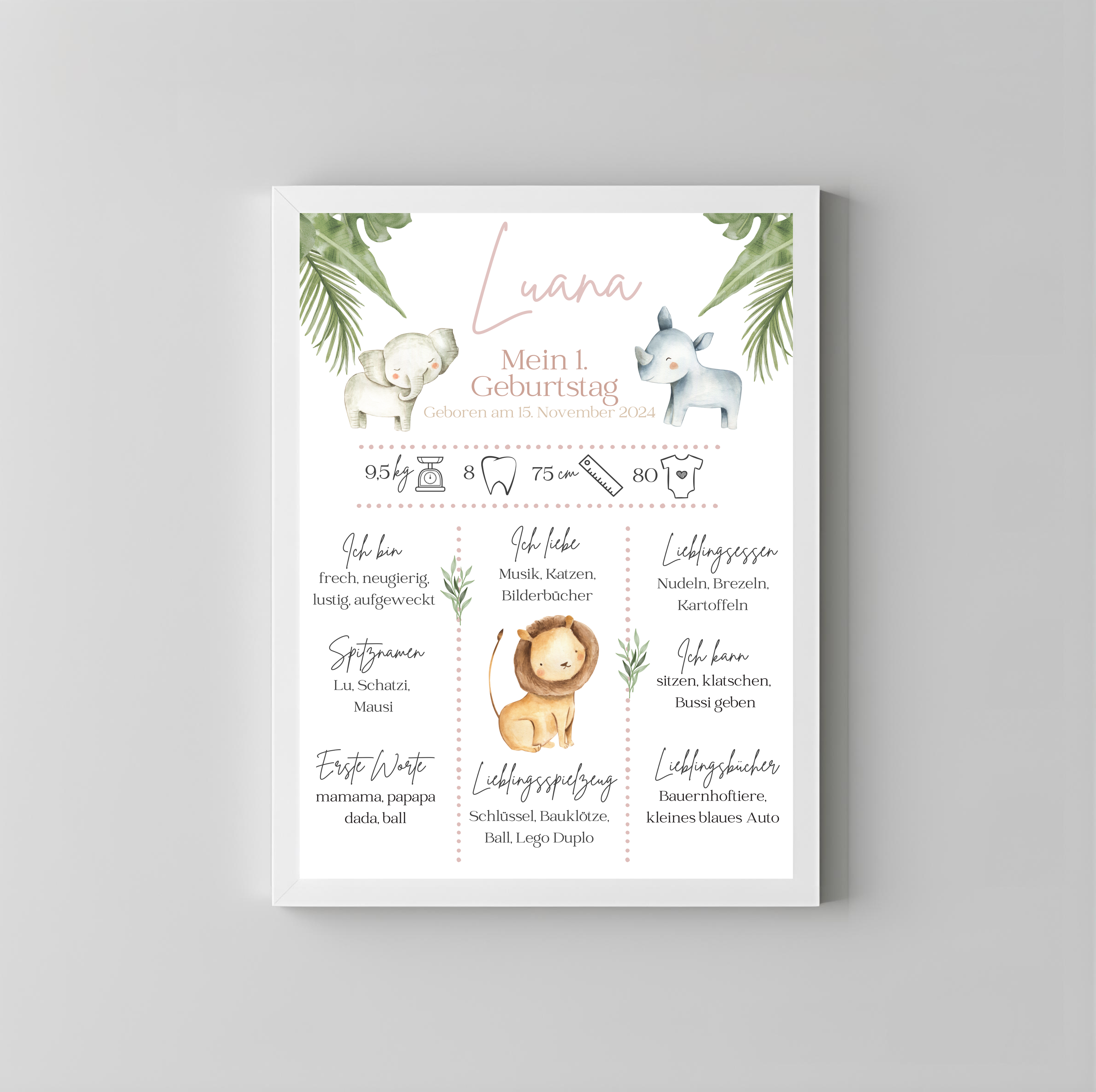 Personalisiertes Meilensteinposter zum ersten Geburtstag mit Safari Tiere als PDF Datei, ausgedruckt A4 oder mit Premium Bilderrahmen