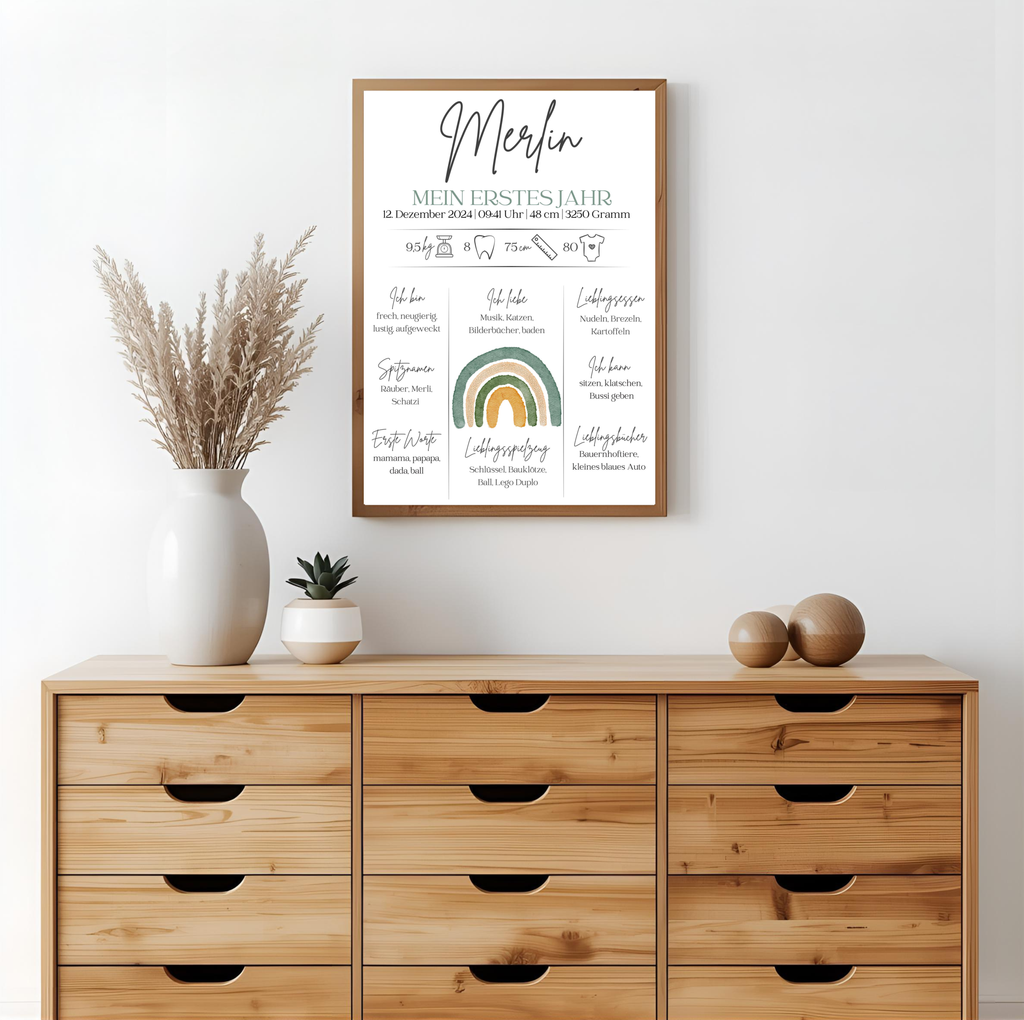 Personalisiertes Meilensteinposter zum ersten Geburtstag mit Regenbogen als PDF Datei, ausgedruckt in A4 oder mit Premium Bilderrahmen