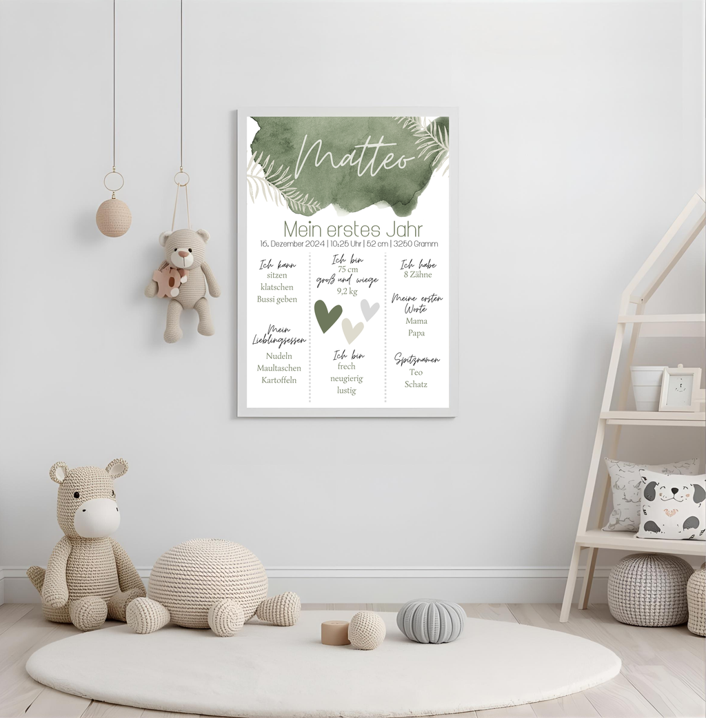 Personalisiertes Meilensteinposter zum ersten Geburtstag als PDF Datei, ausgedruckt in A4 oder mit Premium Bilderrahmen (Kopie)