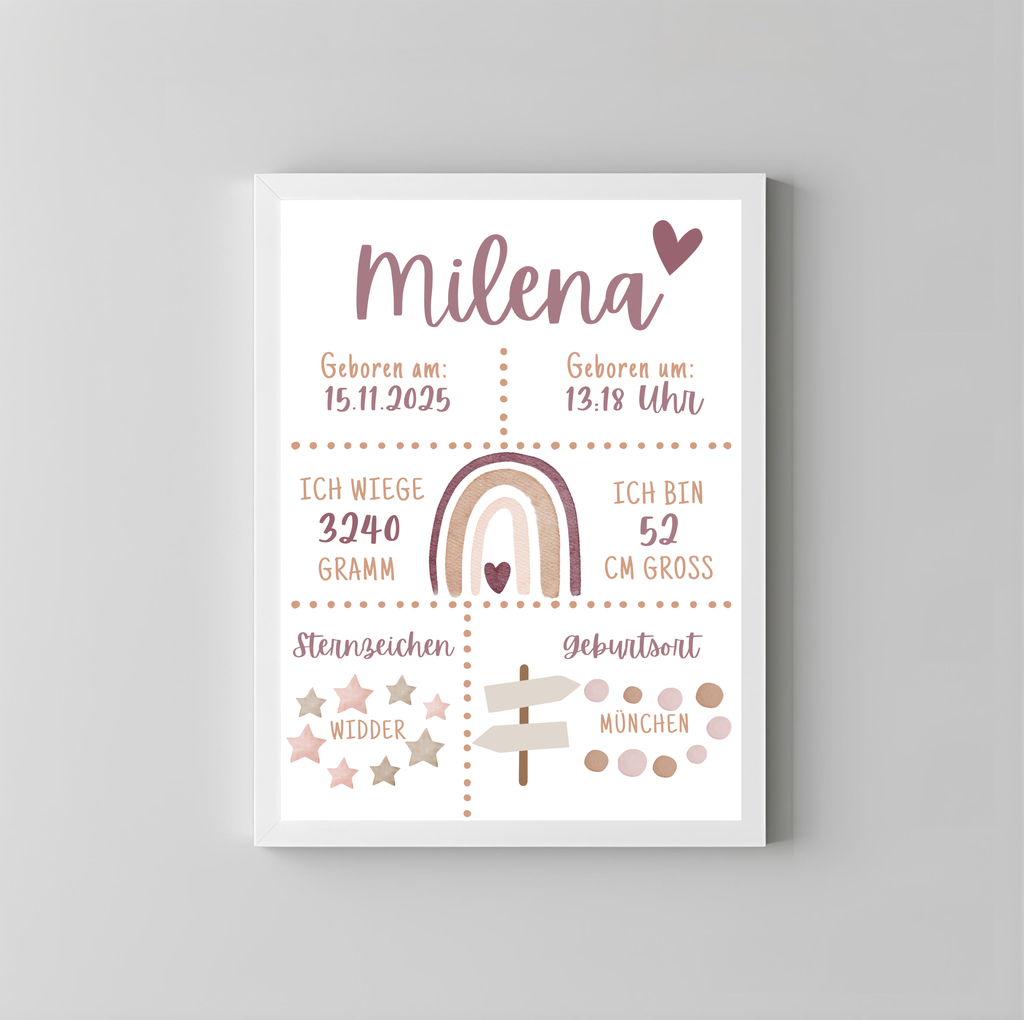 Personalisiertes Poster zur Geburt mit Geburtsdaten und Regenbogen als PDF Datei, ausgedruckt in A4 oder mit Premium Bilderrahmen