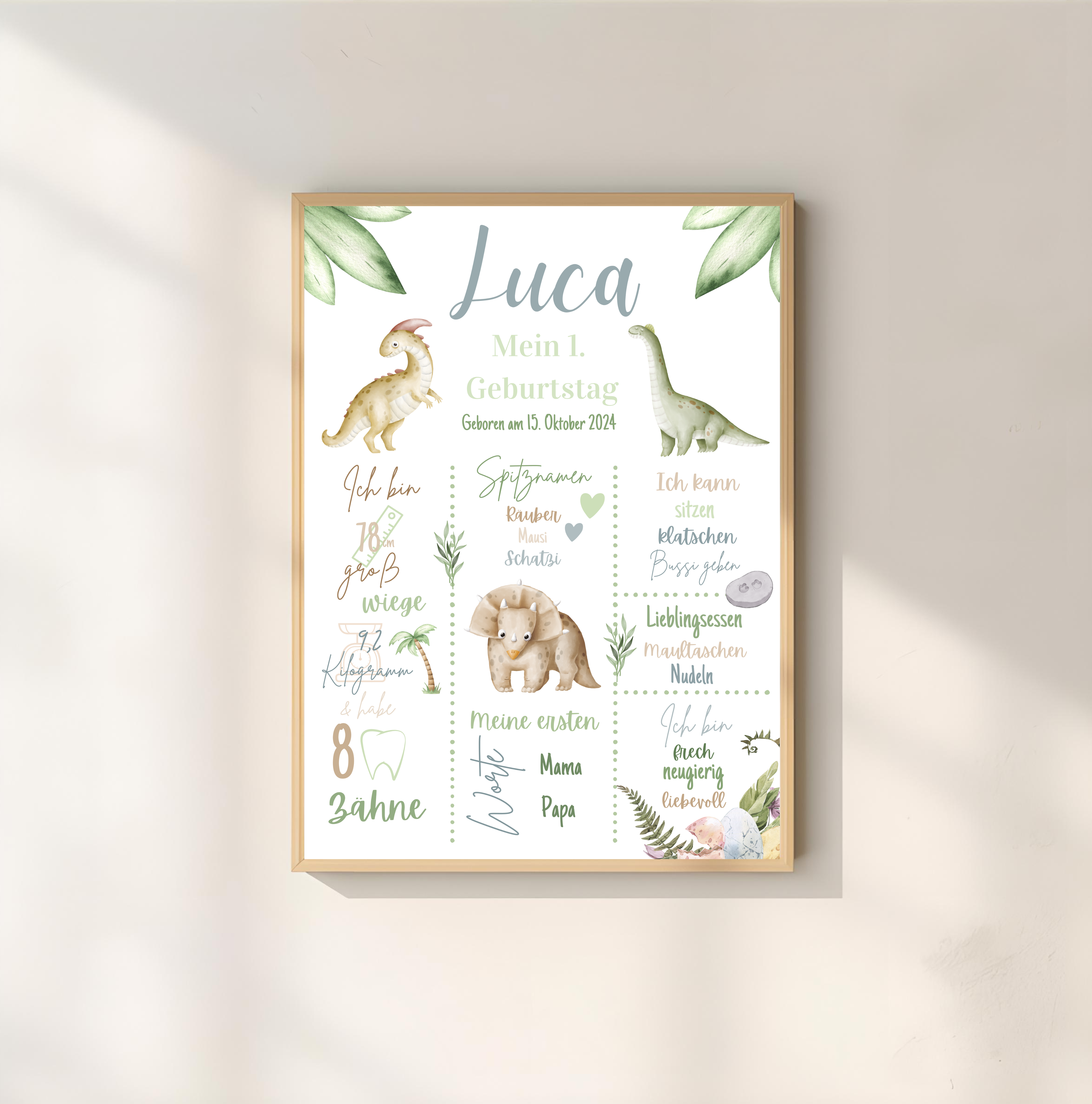Personalisiertes Meilensteinposter zum ersten Geburtstag mit Dinosaurier als PDF Datei, ausgedruckt in A4 oder mit Premium Bilderrahmen