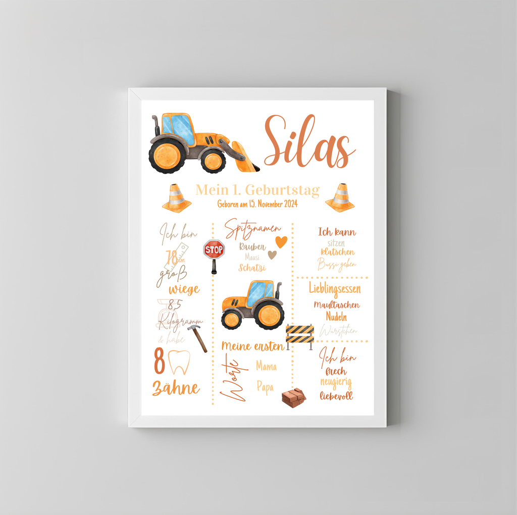 Personalisiertes Meilensteinposter zum ersten Geburtstag Baustelle Traktor als PDF Datei, ausgedruckt in A4 oder mit Premium Bilderrahmen