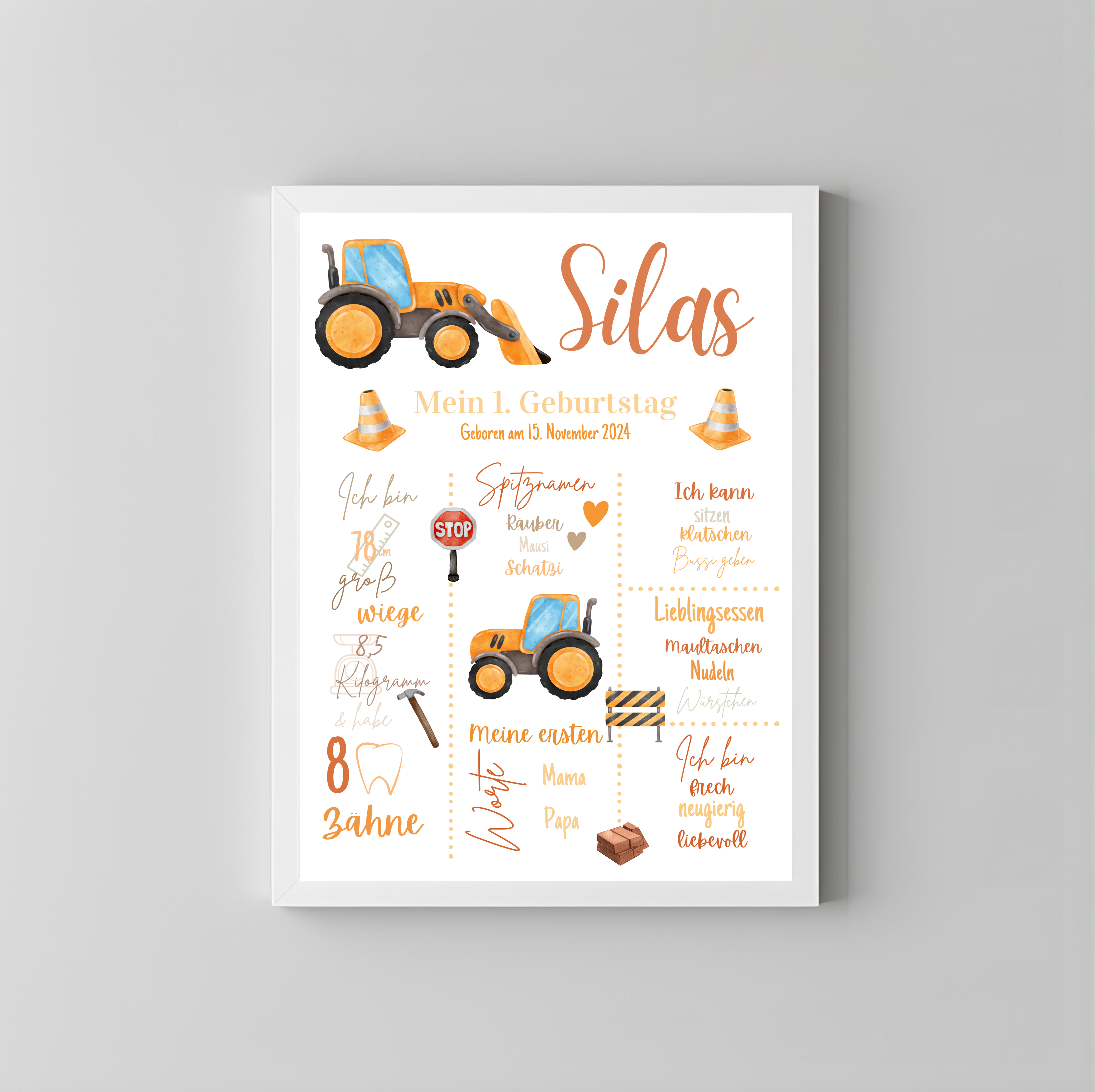Personalisiertes Meilensteinposter zum ersten Geburtstag Baustelle Traktor als PDF Datei, ausgedruckt in A4 oder mit Premium Bilderrahmen