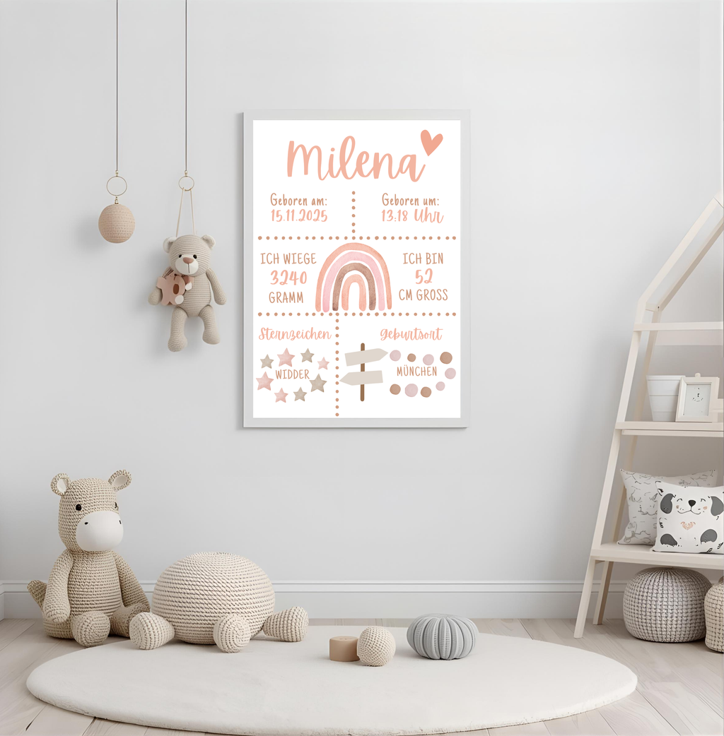 Personalisiertes Poster zur Geburt mit Geburtsdaten und Regenbogen als PDF Datei, ausgedruckt in A4 oder mit Premium Bilderrahmen