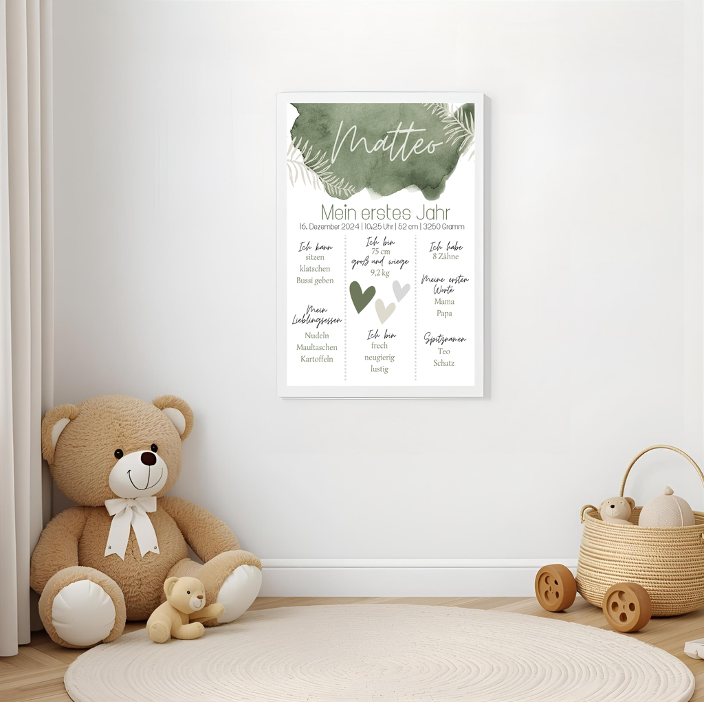 Personalisiertes Meilensteinposter zum ersten Geburtstag als PDF Datei, ausgedruckt in A4 oder mit Premium Bilderrahmen (Kopie)