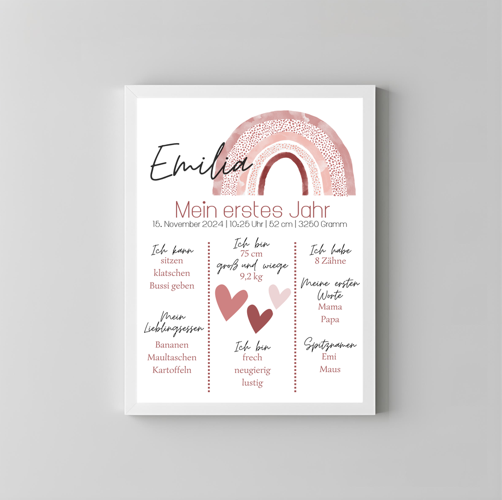 Personalisiertes Meilensteinposter zum ersten Geburtstag mit Regenbogen als PDF Datei, ausgedruckt A4 oder mit Premium Bilderrahmen