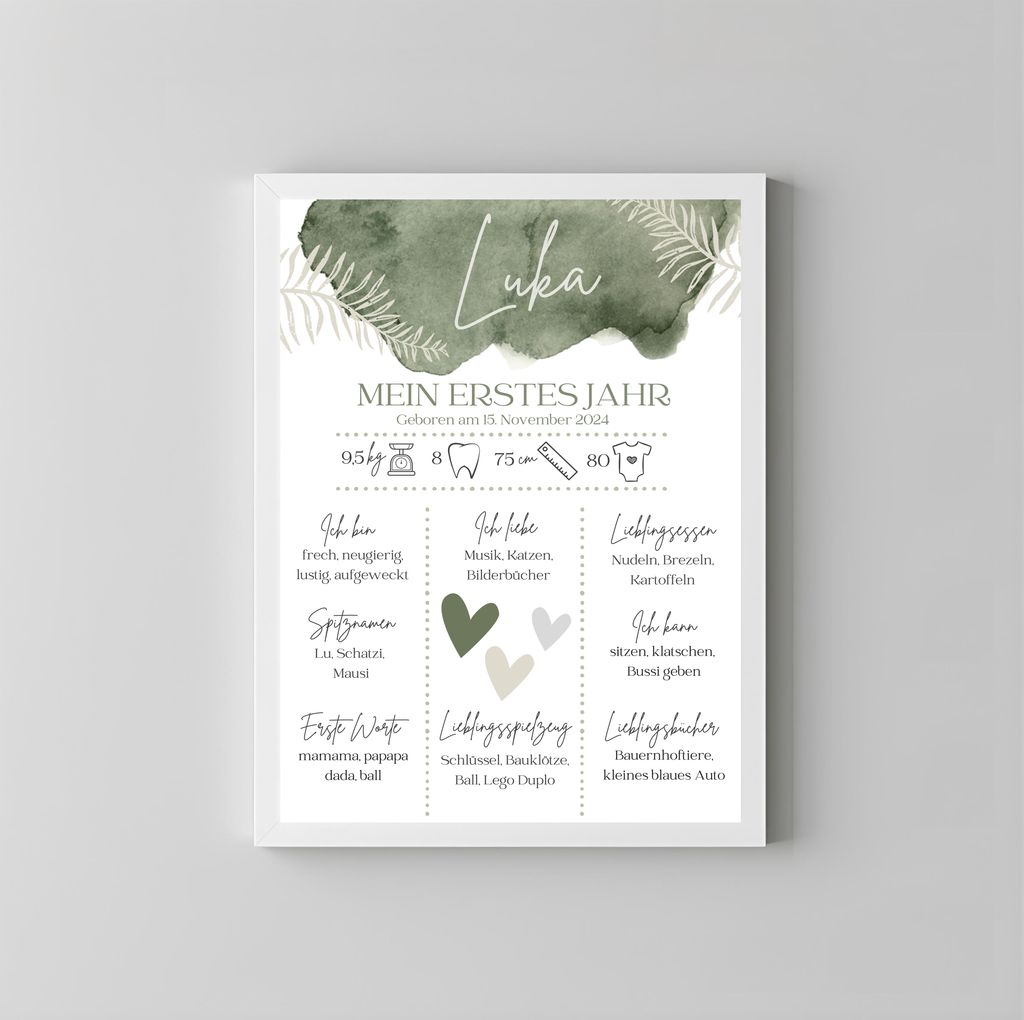 Personalisiertes Meilensteinposter zum ersten Geburtstag als PDF Datei, ausgedruckt in A4 oder mit Premium Bilderrahmen