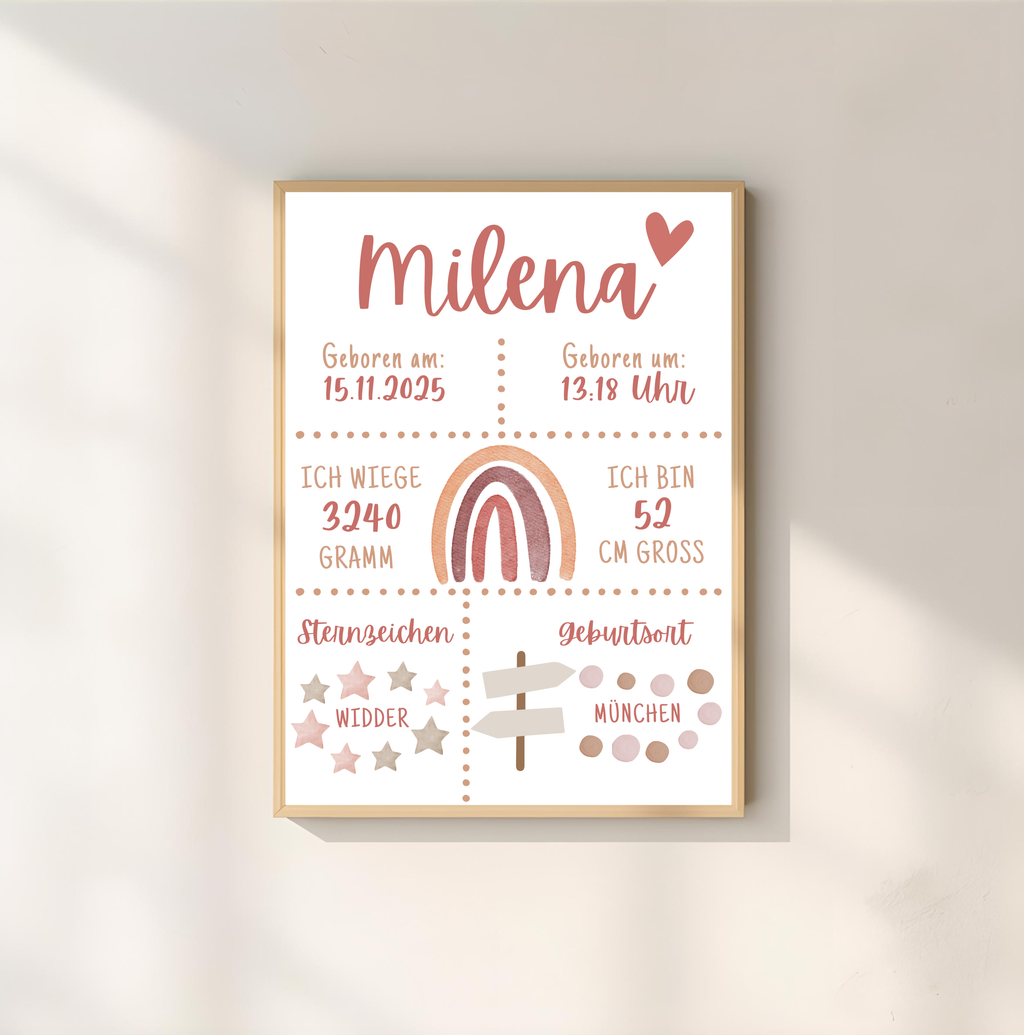 Personalisiertes Poster zur Geburt mit Geburtsdaten und Regenbogen als PDF Datei, ausgedruckt in A4 oder mit Premium Bilderrahmen