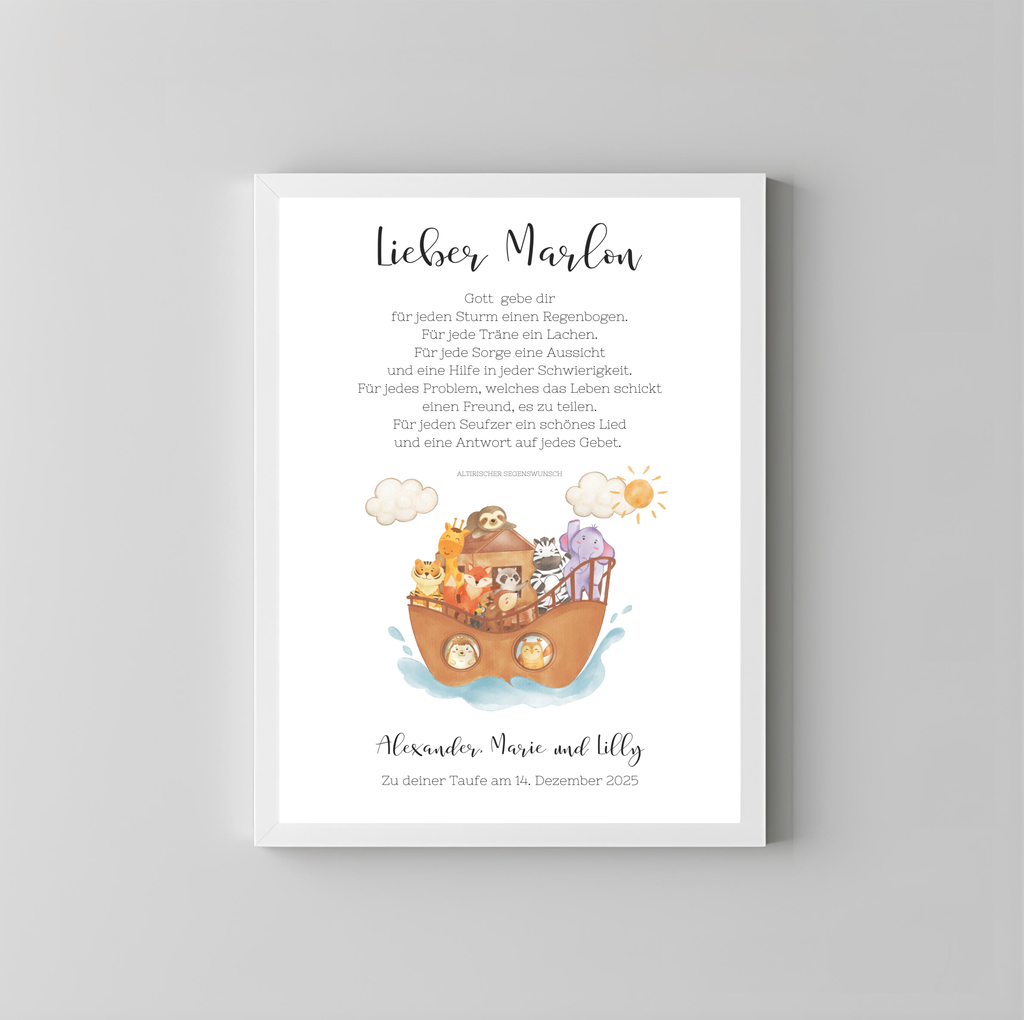 Personalisiertes Poster zur Taufe | Taufgeschenk Arche Noah als PDF Datei, ausgedruckt in A4 oder mit Premium Bilderrahmen