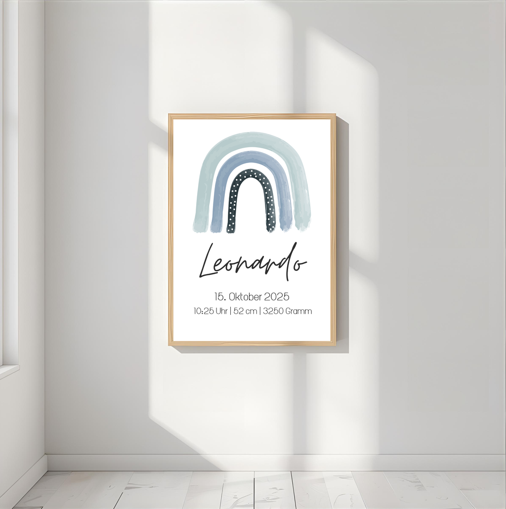 Geburtsposter personalisiert mit Namen und Geburtsdaten als PDF Datei, ausgedruckt in A4 oder mit Premium Bilderrahmen