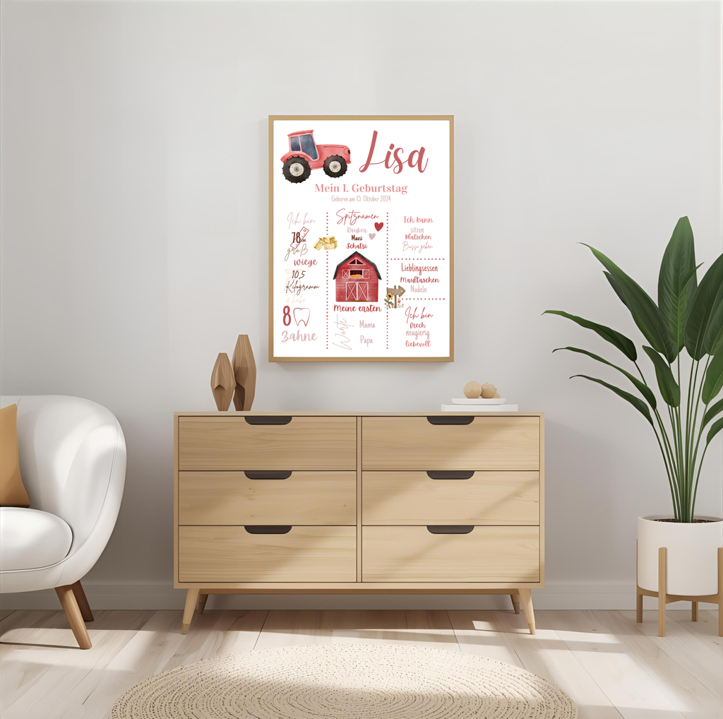 Personalisiertes Meilensteinposter zum ersten Geburtstag Bauernhof als PDF Datei, ausgedruckt in A4 oder mit Premium Bilderrahmen