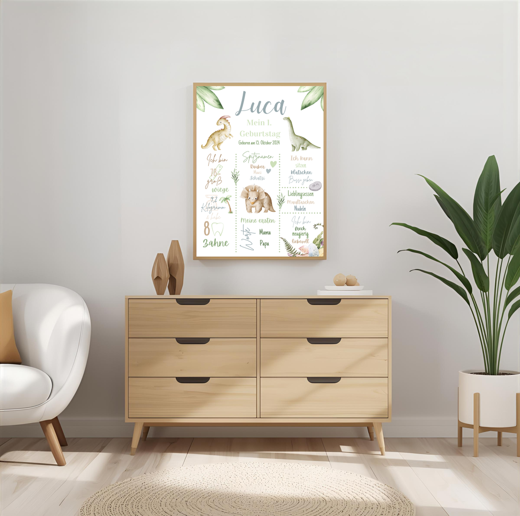 Personalisiertes Meilensteinposter zum ersten Geburtstag mit Dinosaurier als PDF Datei, ausgedruckt in A4 oder mit Premium Bilderrahmen